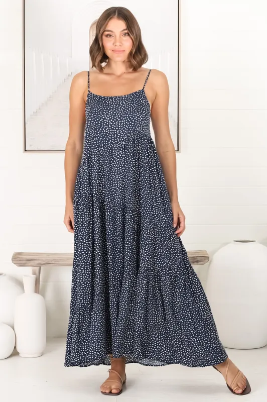 Kana Maxi Dress - Spaghetti Strap Asymmetric Tiered Dress in Bell Print sold by Salty Crush