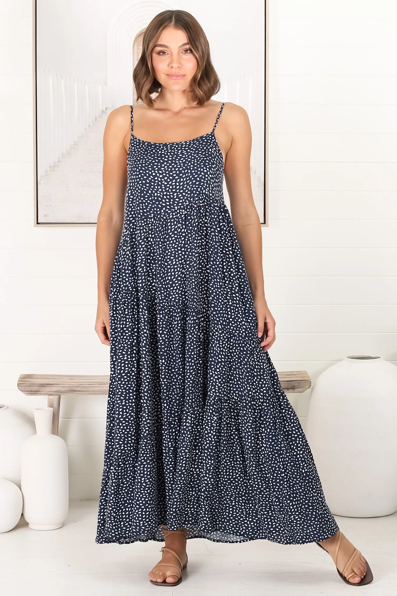 Kana Maxi Dress - Spaghetti Strap Asymmetric Tiered Dress in Bell Print sold by Salty Crush