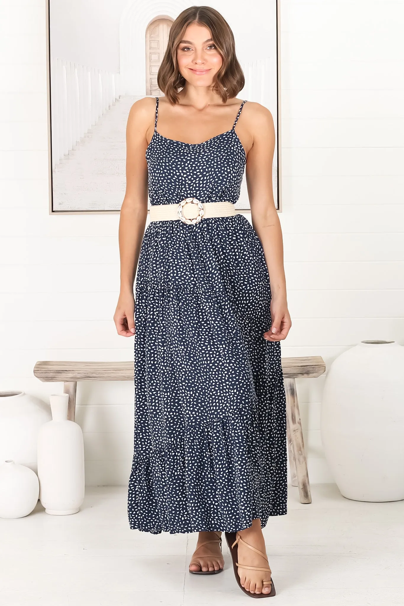 Kana Maxi Dress - Spaghetti Strap Asymmetric Tiered Dress in Bell Print sold by Salty Crush product image thumbnail 5
