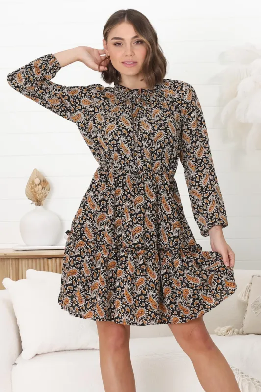 Alara Mini Dress - Frill Collar A Line Dress with Long Sleeves in Vella Print sold by Salty Crush