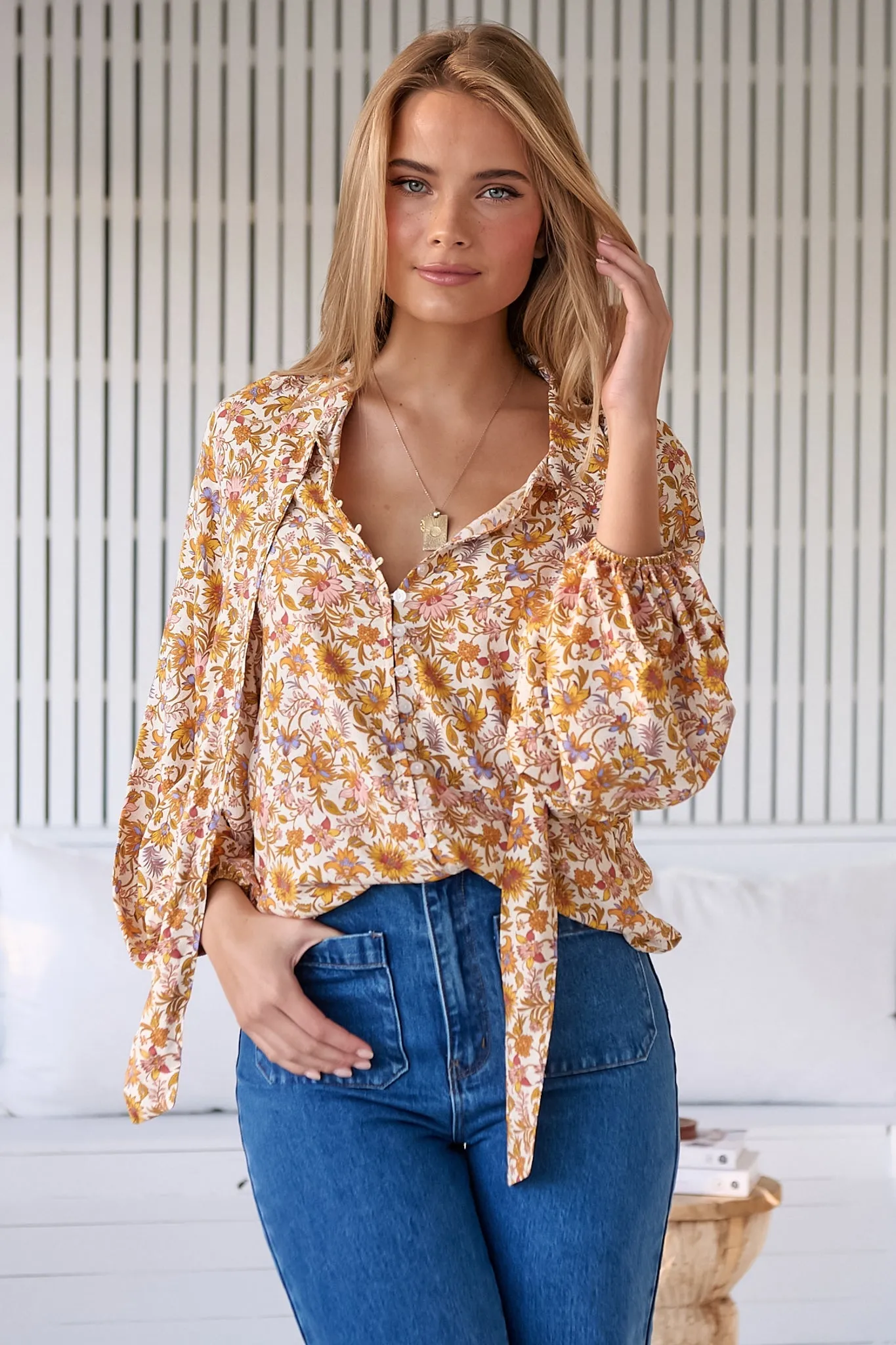 JAASE - Imogen Blouse: Mandarin Collar Button Down Blouse in Solara Print sold by Salty Crush product image thumbnail 2