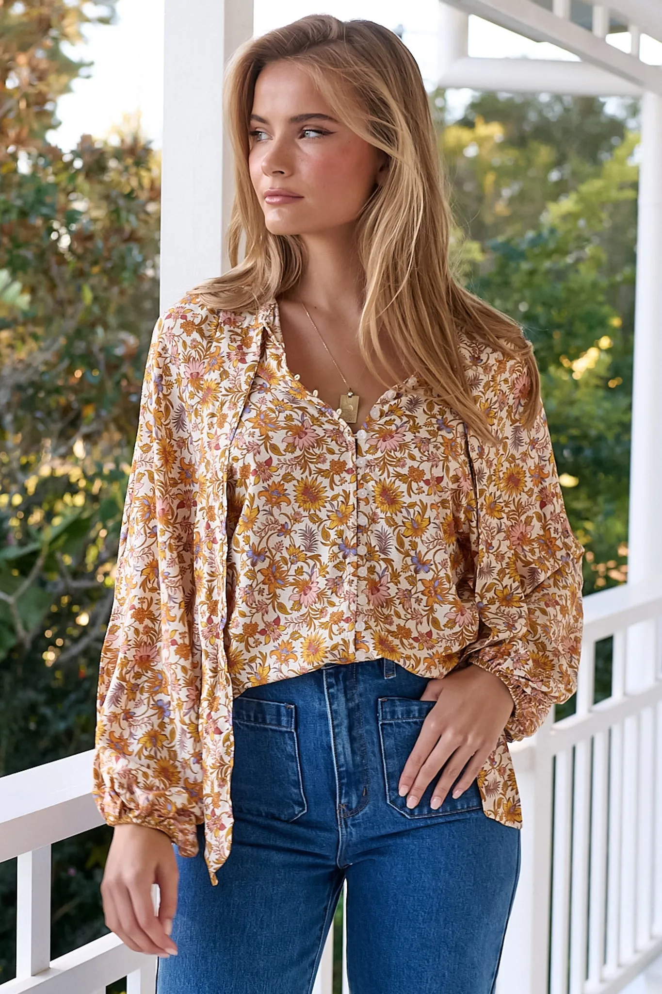 JAASE - Imogen Blouse: Mandarin Collar Button Down Blouse in Solara Print sold by Salty Crush product image thumbnail 4
