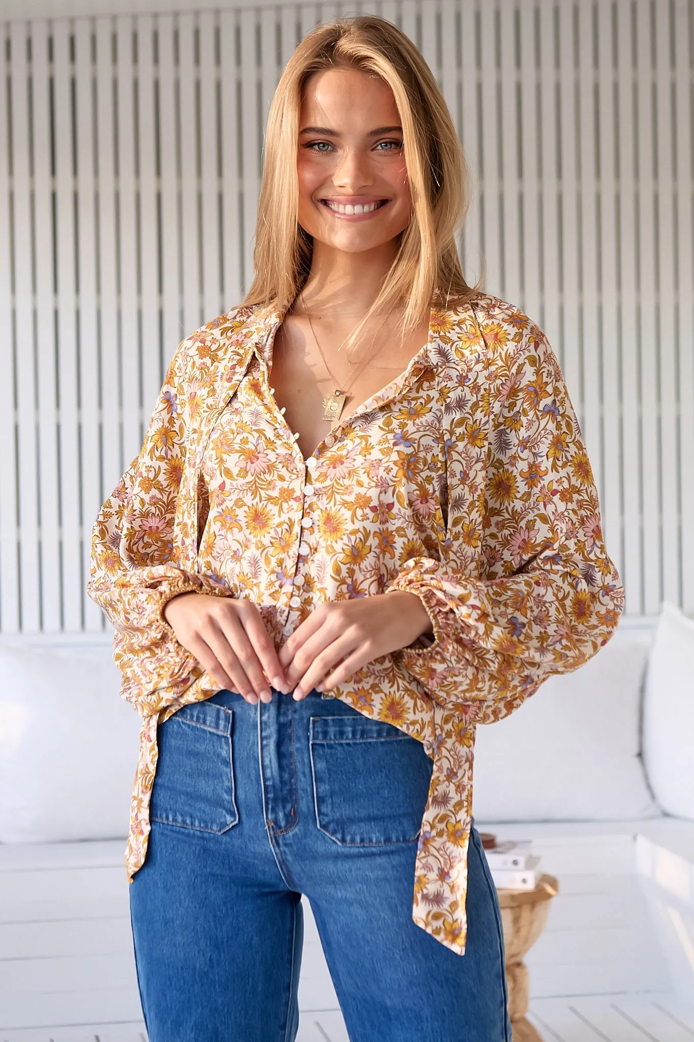 JAASE - Imogen Blouse: Mandarin Collar Button Down Blouse in Solara Print sold by Salty Crush product image thumbnail 5
