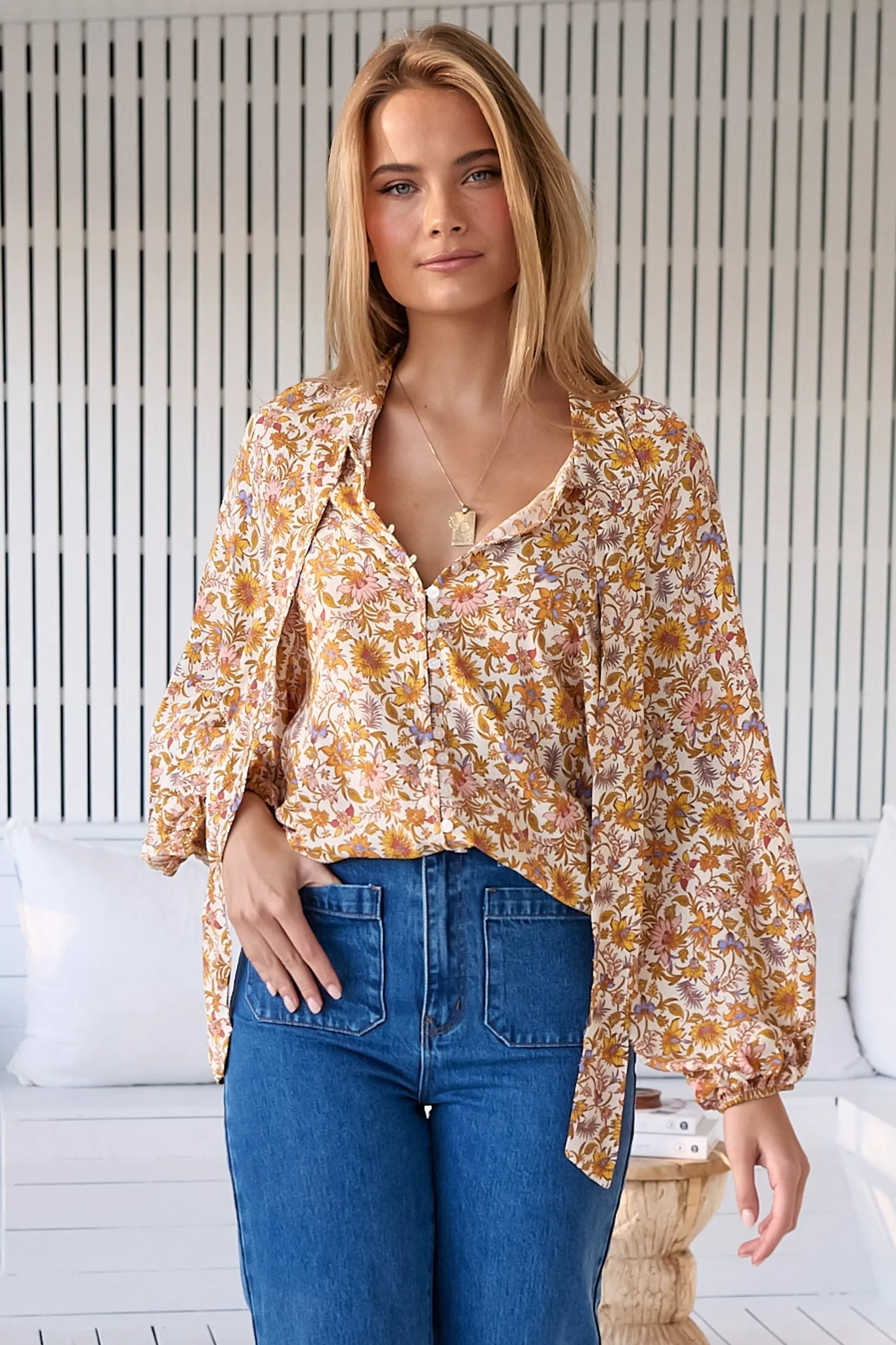 JAASE - Imogen Blouse: Mandarin Collar Button Down Blouse in Solara Print sold by Salty Crush product image thumbnail 3