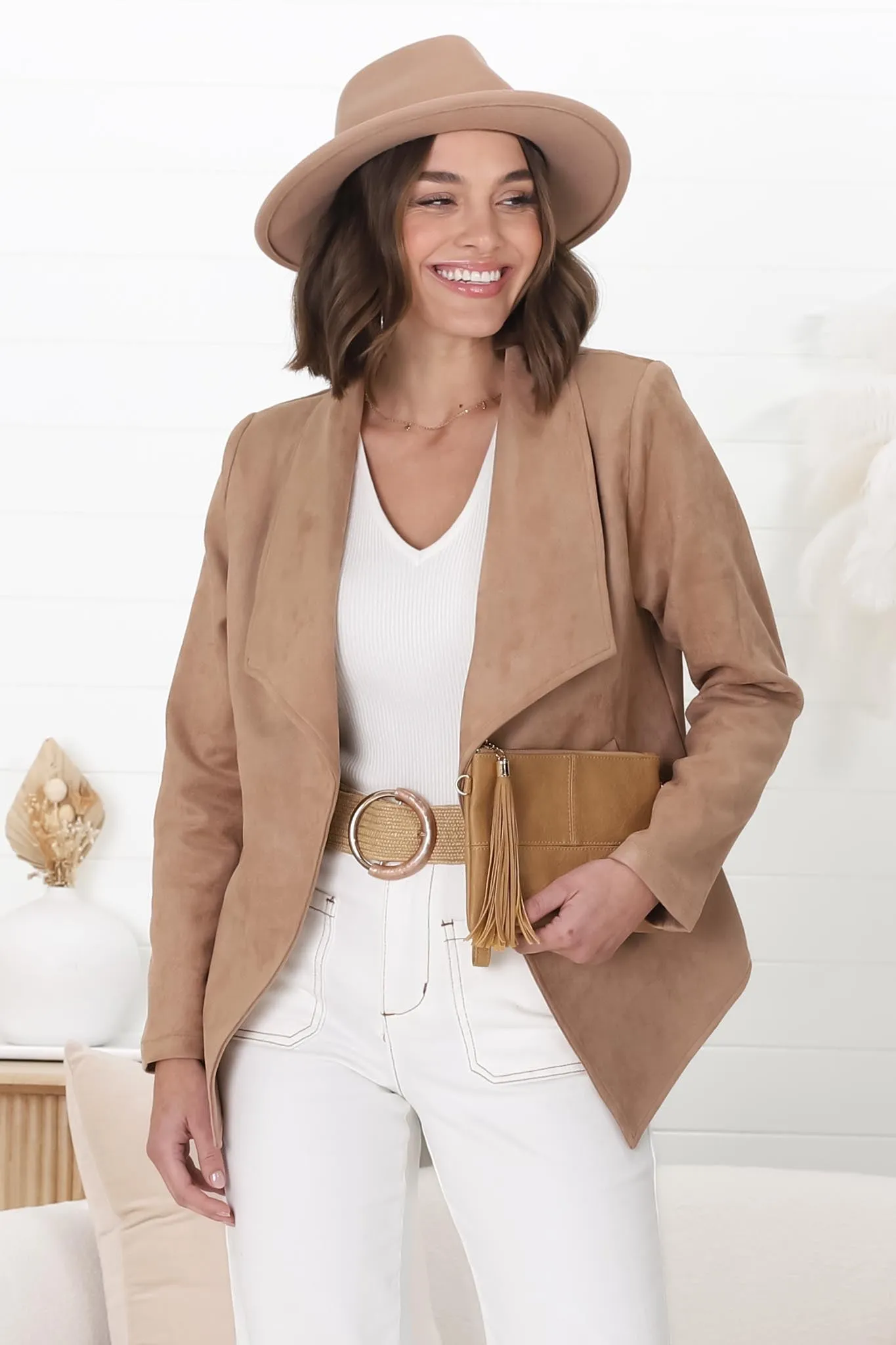 Ollie Suede Jacket - Waterfall Collar Open Front Faux Suede Jacket in Hazel sold by Salty Crush