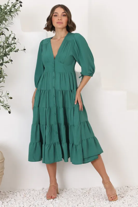Milly Midi Dress - Tiered Button Down 3/4 Sleeve Dress in Green sold by Salty Crush