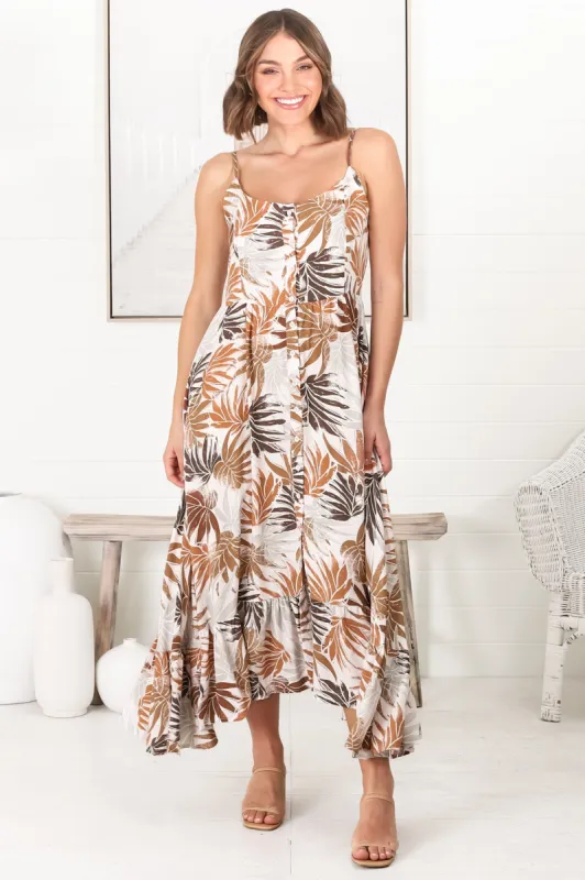 Akeli Midi Dress - Spaghetti Strap Sun Dress with Handkercheif Hem in Kauai Print sold by Salty Crush