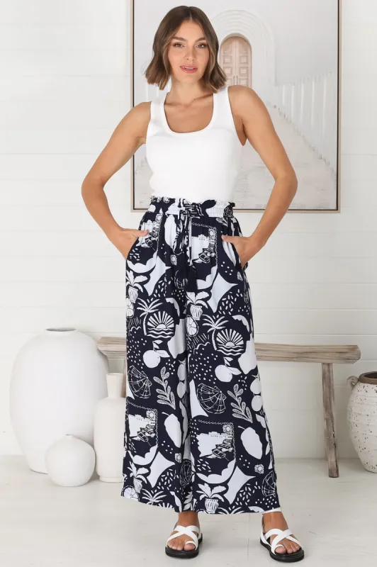 Saskia Pants - Elasticated Paperpag Waist with Drawstring Wide Leg Pants with Pockets in Navy made by Salty Crush