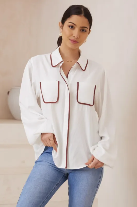 Dylan Shirt - Long Sleeve Button Down with Brown Trim in White sold by Salty Crush
