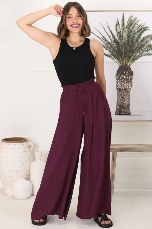 Charli Pants - Paper Bag High Waisted Wide Leg Pants in Wine sold by Salty Crush