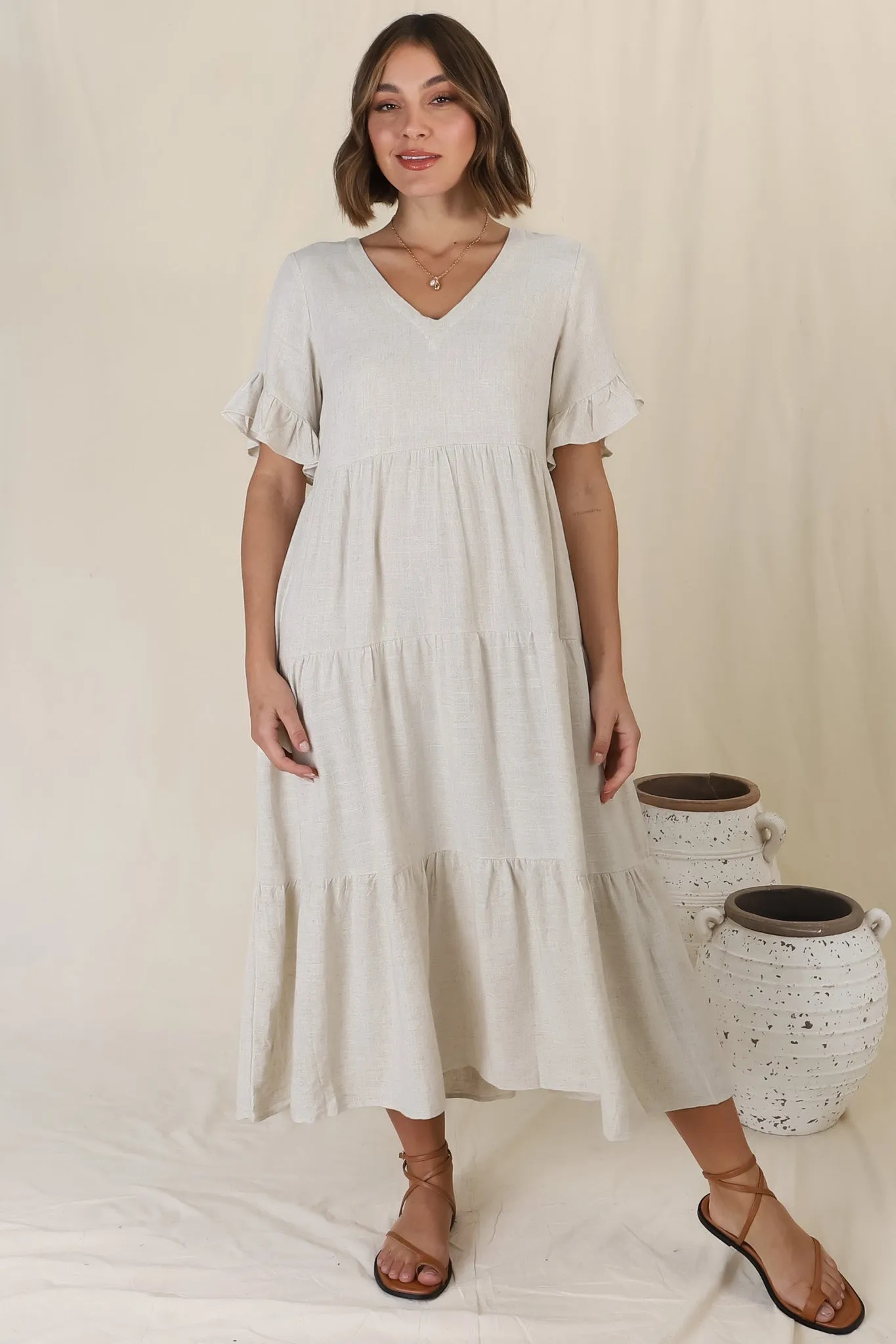 Audrina Midi Dress - Pull Over V Neck Tiered Dress with Pockets in Oat sold by Salty Crush product image thumbnail 4