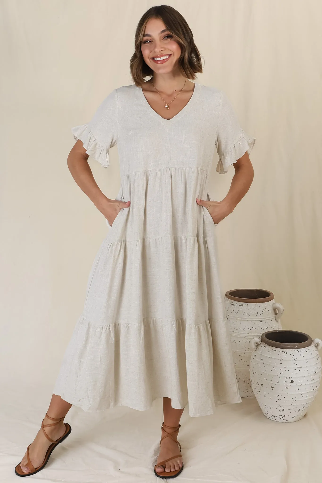 Audrina Midi Dress - Pull Over V Neck Tiered Dress with Pockets in Oat sold by Salty Crush