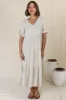 Audrina Midi Dress - Pull Over V Neck Tiered Dress with Pockets in Oat sold by Salty Crush