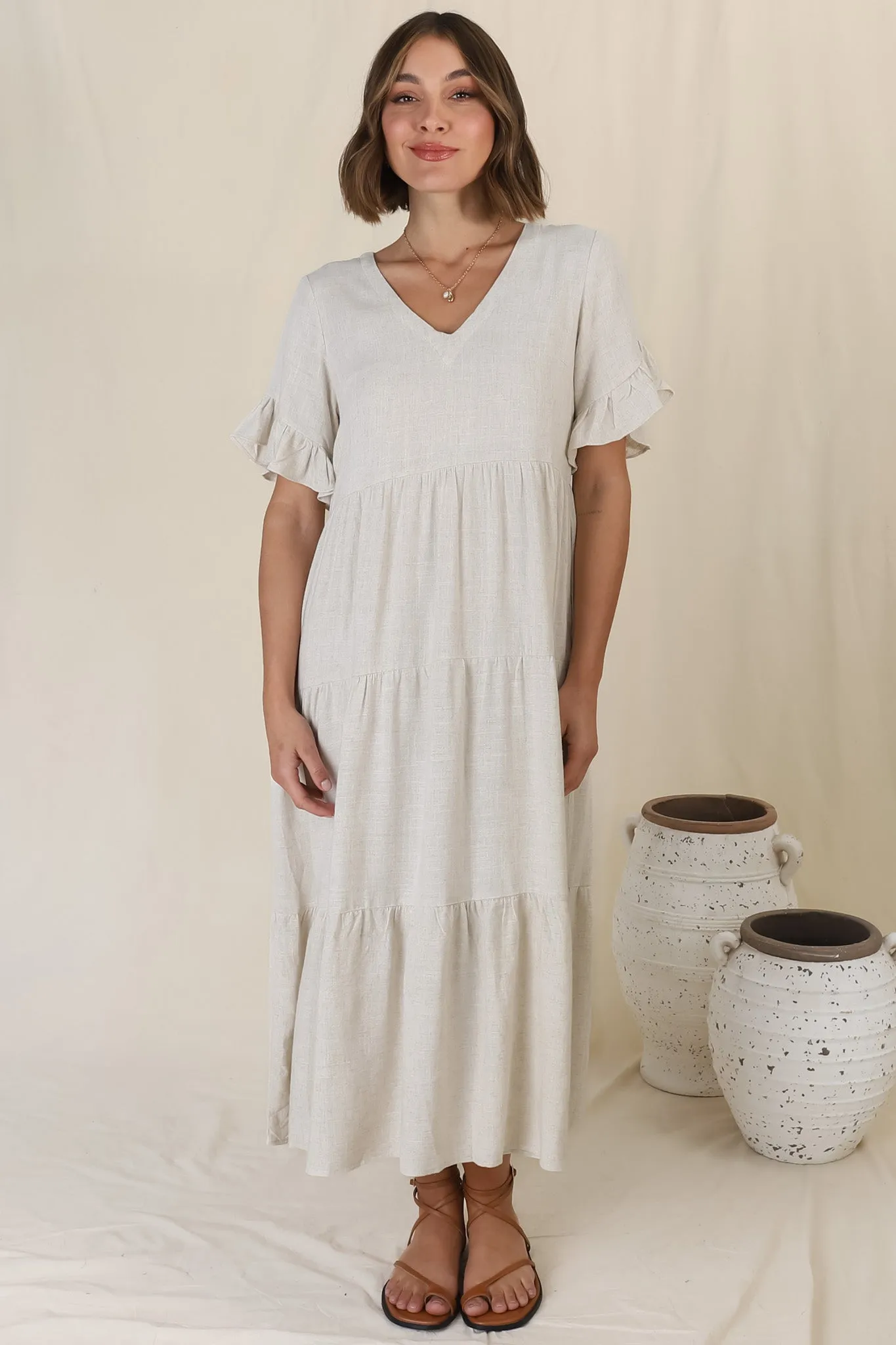 Audrina Midi Dress - Pull Over V Neck Tiered Dress with Pockets in Oat sold by Salty Crush product image thumbnail 5