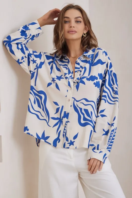 Billi Shirt - Long Sleeve Button Down in Salt Lake Print Blue sold by Salty Crush