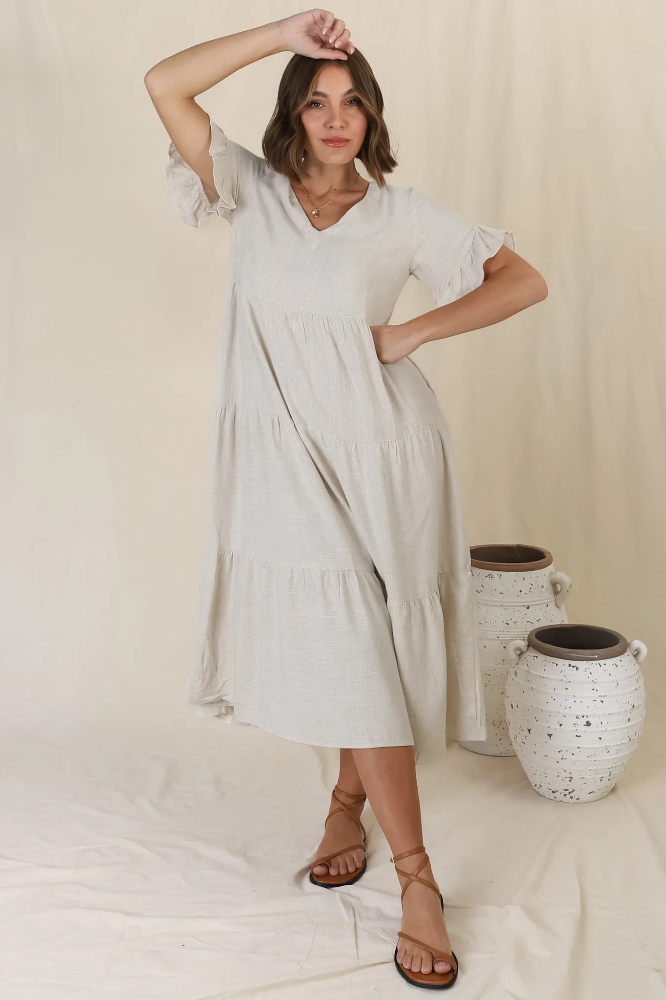 Audrina Midi Dress - Pull Over V Neck Tiered Dress with Pockets in Oat sold by Salty Crush product image thumbnail 3