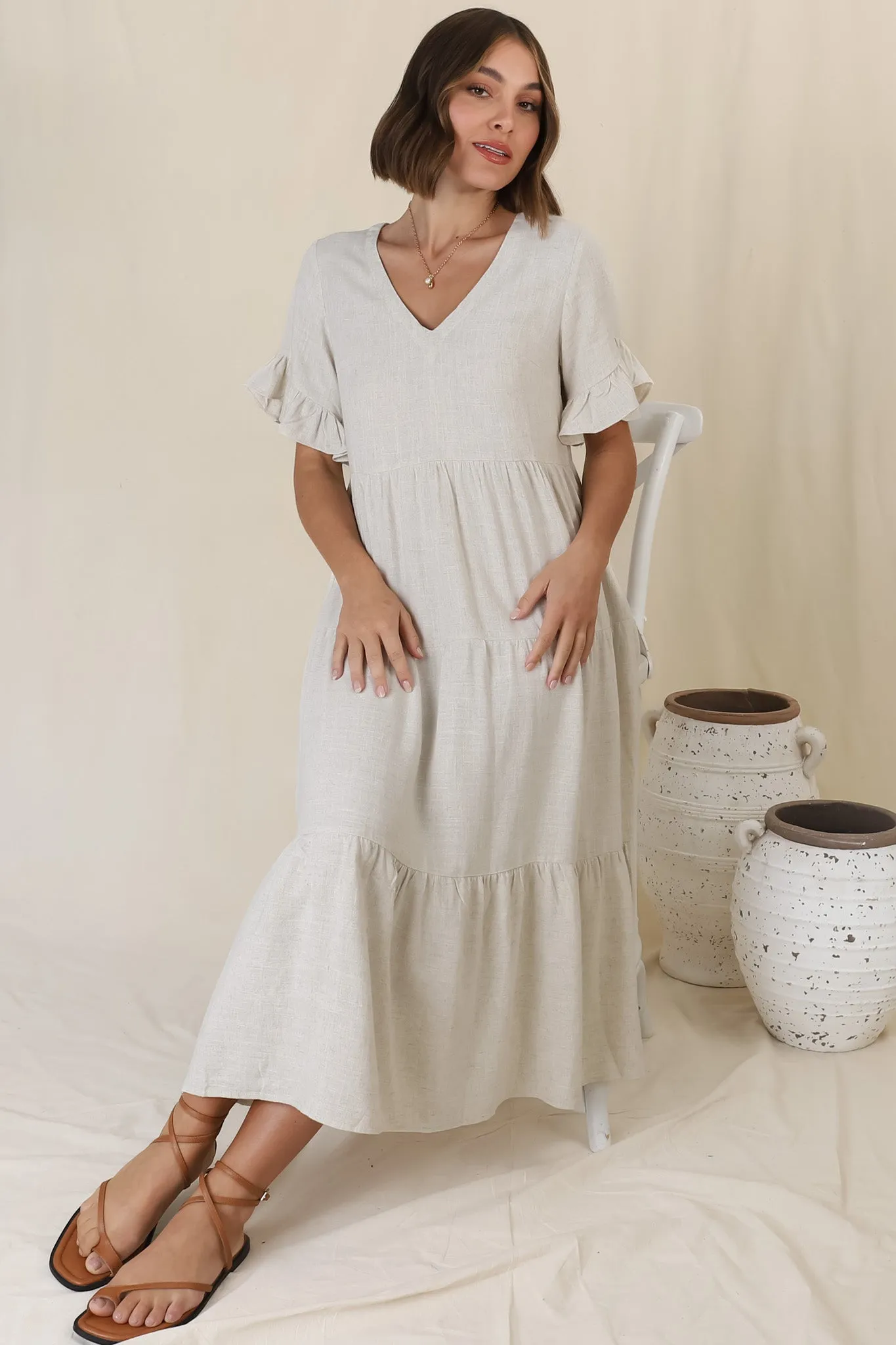 Audrina Midi Dress - Pull Over V Neck Tiered Dress with Pockets in Oat sold by Salty Crush product image thumbnail 2