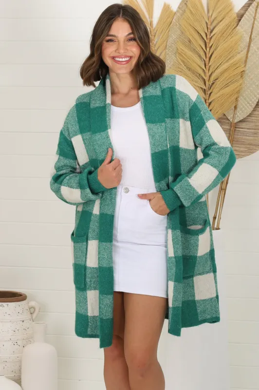 Adelen Cardigan - Folded Center Front Checkered Cardigan in Green sold by Salty Crush