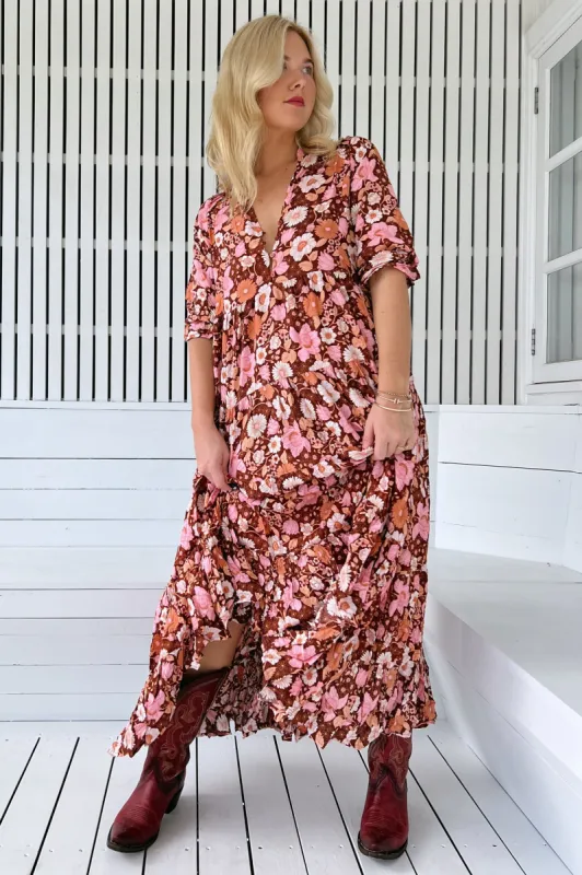 JAASE - Tillie Maxi Dress: Relaxed Tiered Dress with V Neckline in Pixie Print sold by Salty Crush