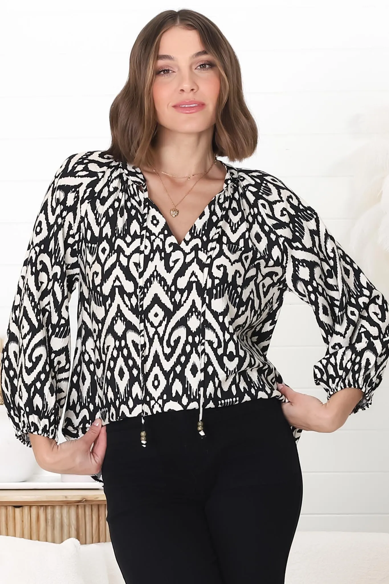 Silvie Blouse - Mandarin Collar V Neck Pull Over Blouse in Dayah Print Black sold by Salty Crush product image thumbnail 5