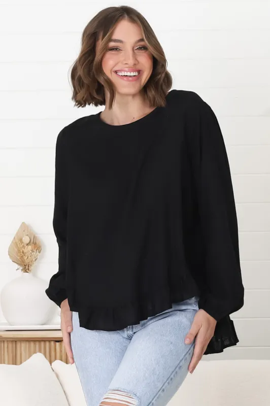 Solara Top - Crew Neck Linen Blend Frill Hemmed Top in Black sold by Salty Crush