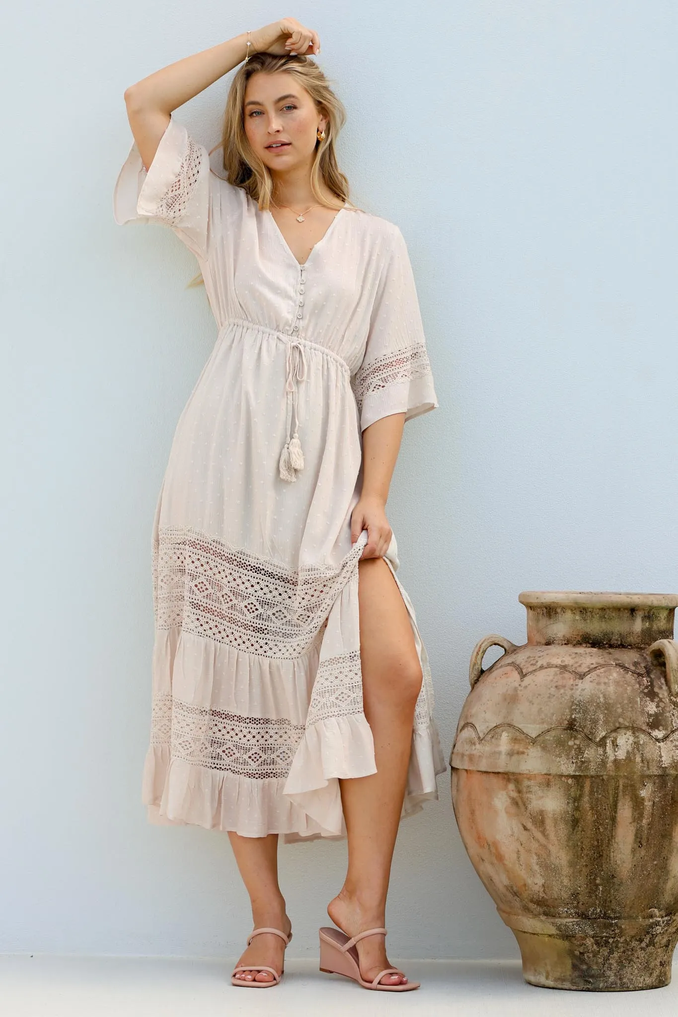 Kaely Maxi Dress - Delicate Lace Panel Detailed A Line Dress in Cream sold by Salty Crush product image thumbnail 5