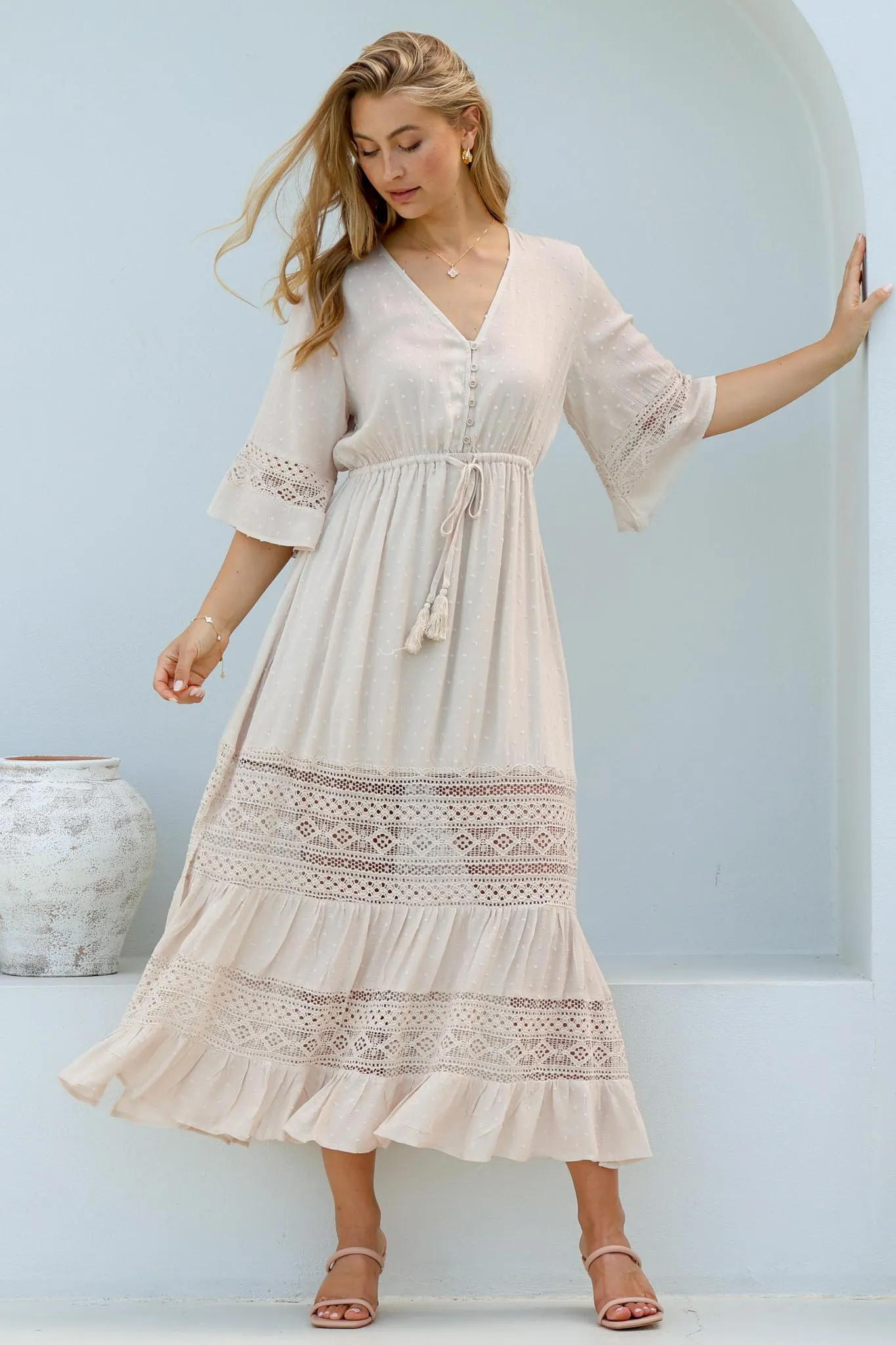 Kaely Maxi Dress - Delicate Lace Panel Detailed A Line Dress in Cream sold by Salty Crush product image thumbnail 3