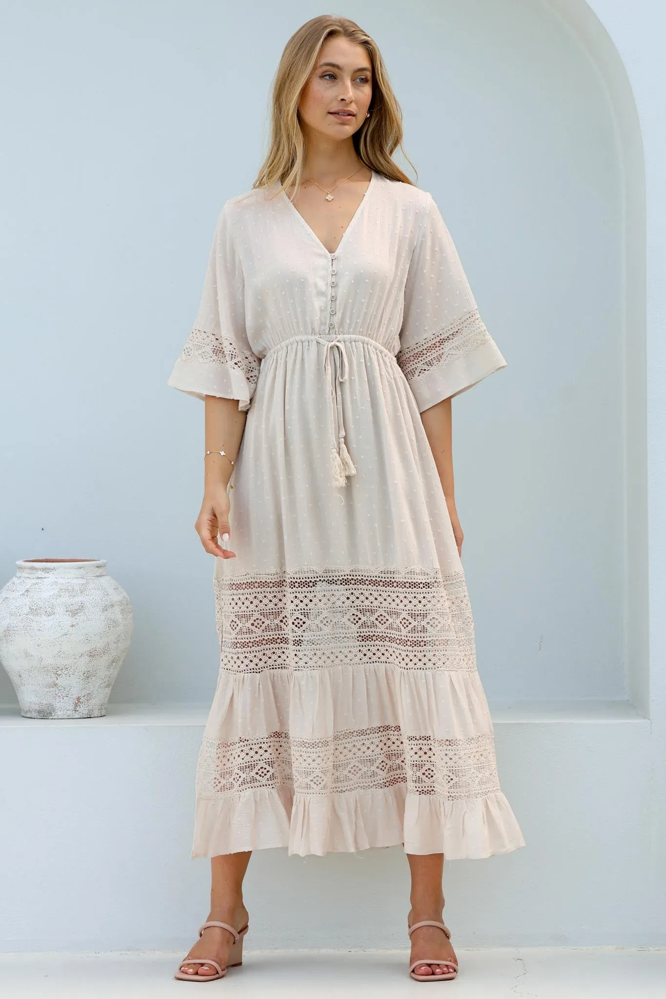 Kaely Maxi Dress - Delicate Lace Panel Detailed A Line Dress in Cream sold by Salty Crush product image thumbnail 2