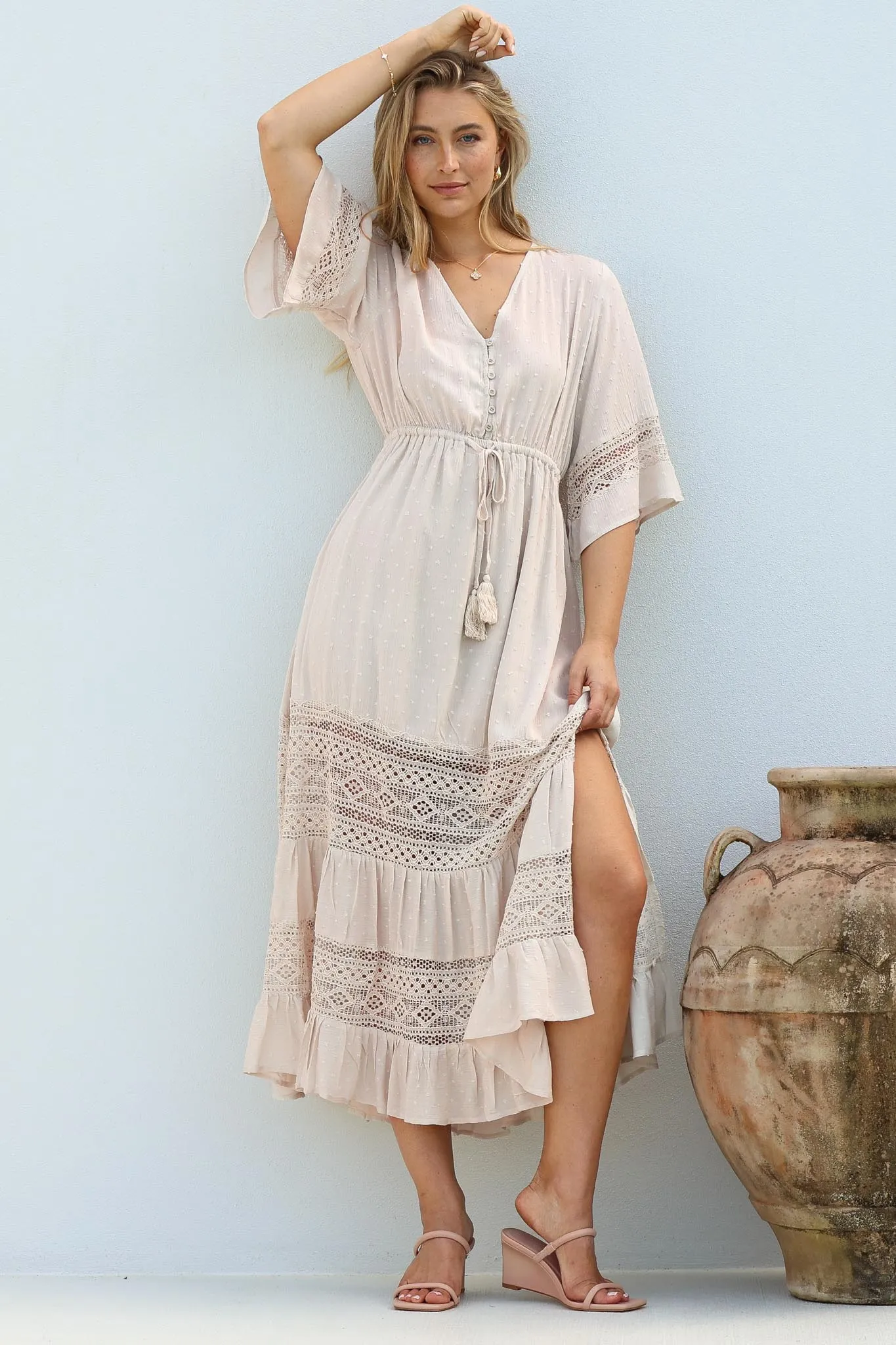 Kaely Maxi Dress - Delicate Lace Panel Detailed A Line Dress in Cream sold by Salty Crush