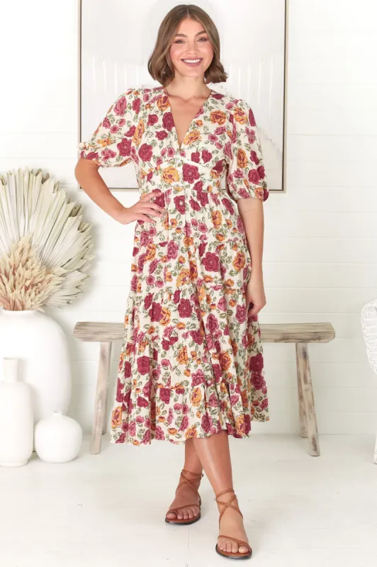 Jenna Midi Dress - Button Through V Neck Dress with Balloon Sleeves in Vintage Floral Print sold by Salty Crush