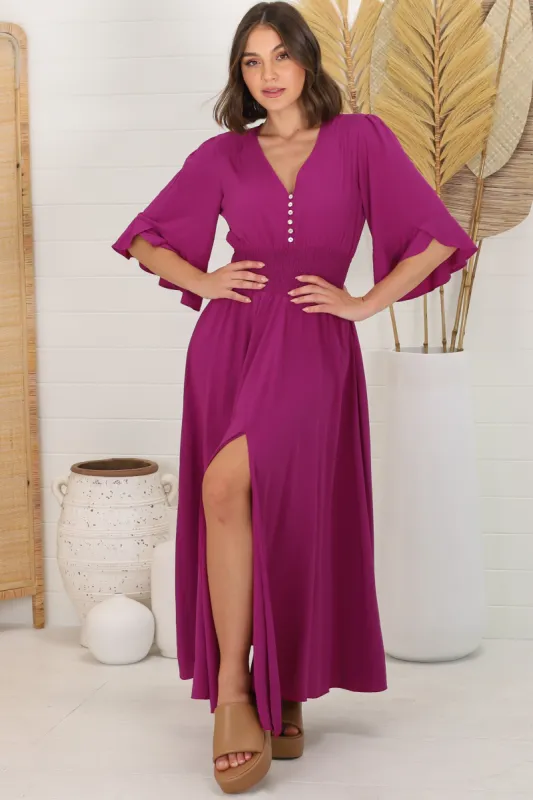 Alba Maxi Dress - Buttoned Bodice A Line Dress With Flute Sleeves In Magenta sold by Salty Crush