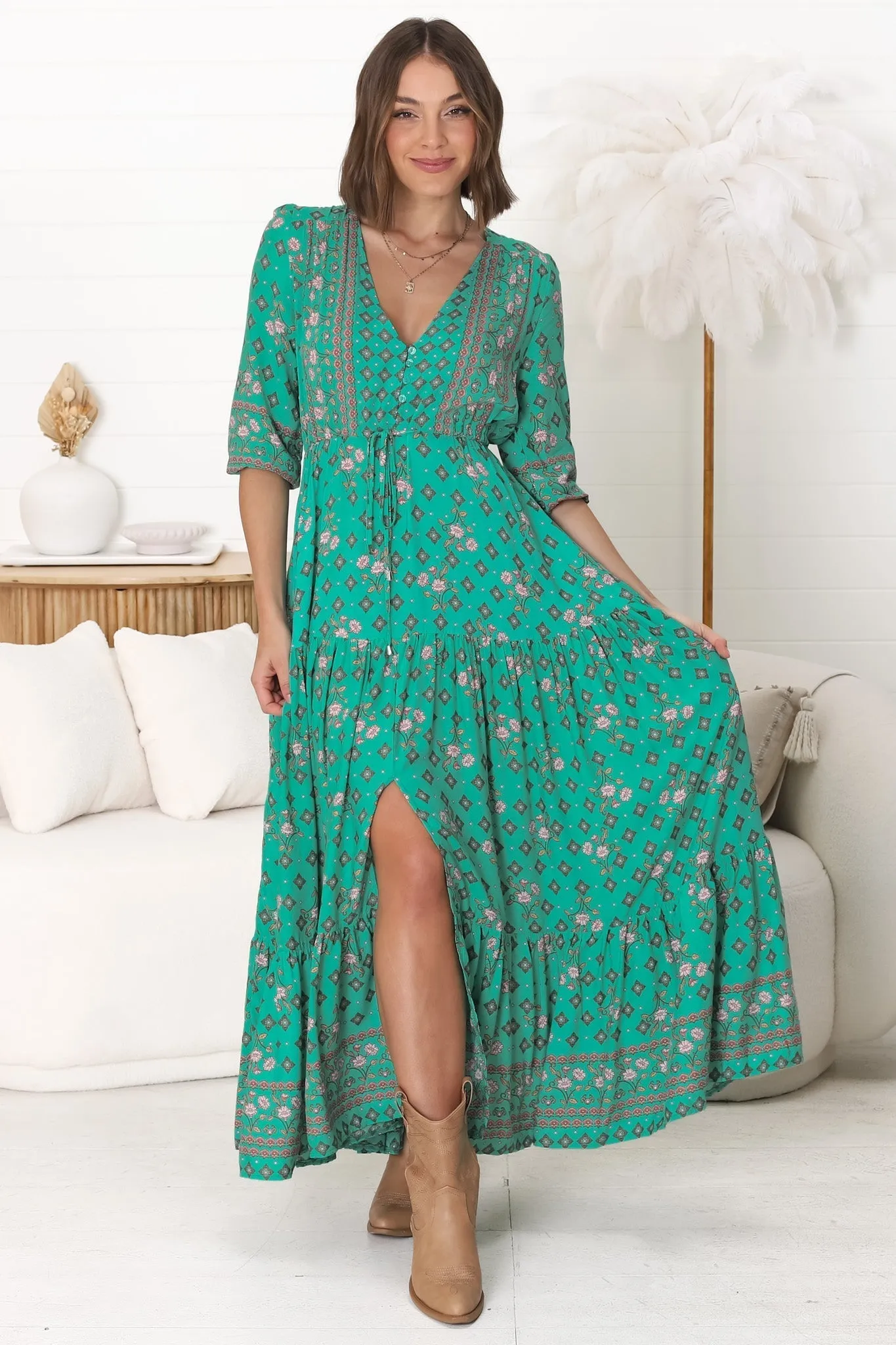 JAASE - Tessa Maxi Dress: A Line Pull Tie Waist Dress in Evergreen Print sold by Salty Crush