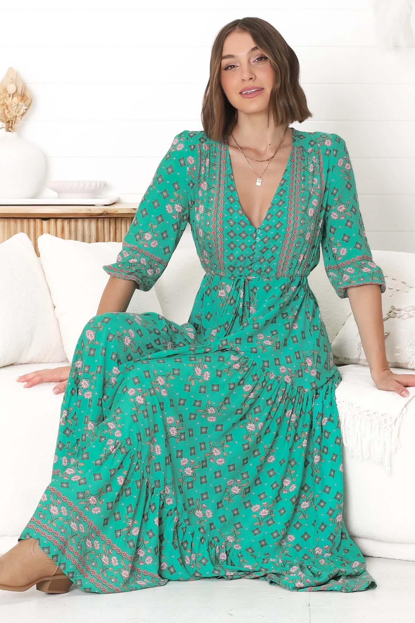 JAASE - Tessa Maxi Dress: A Line Pull Tie Waist Dress in Evergreen Print sold by Salty Crush product image thumbnail 3
