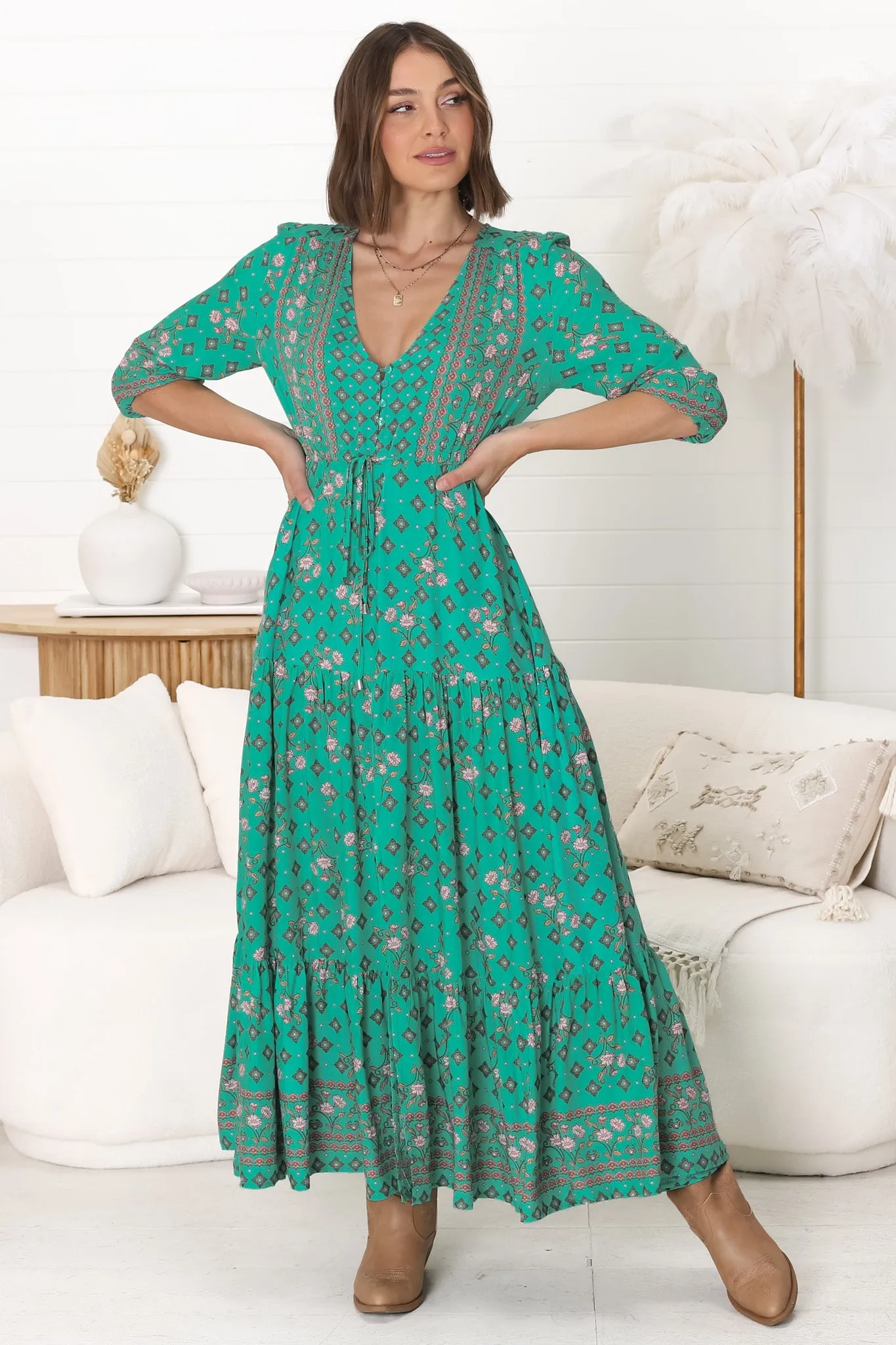 JAASE - Tessa Maxi Dress: A Line Pull Tie Waist Dress in Evergreen Print sold by Salty Crush product image thumbnail 2