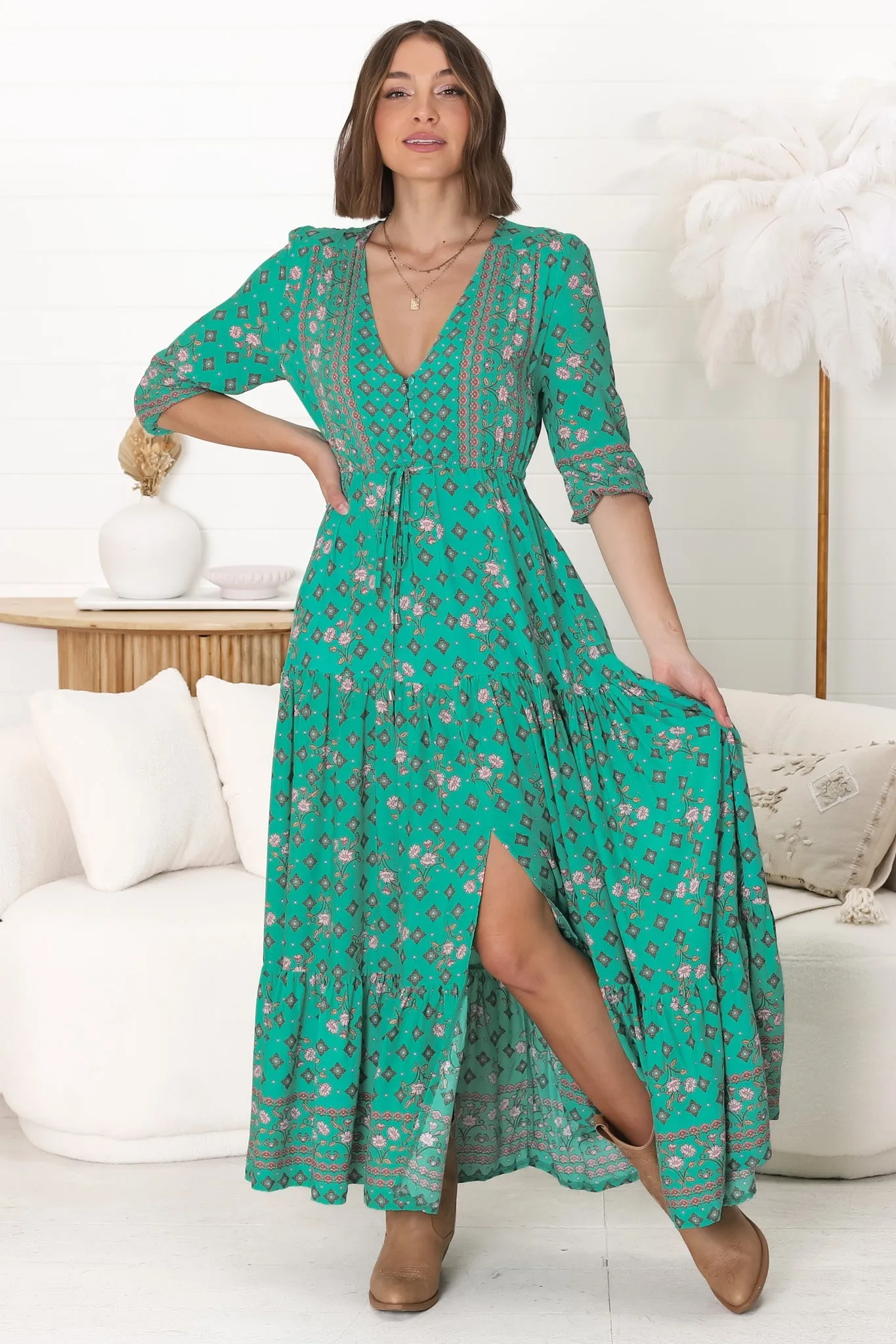 JAASE - Tessa Maxi Dress: A Line Pull Tie Waist Dress in Evergreen Print sold by Salty Crush product image thumbnail 5