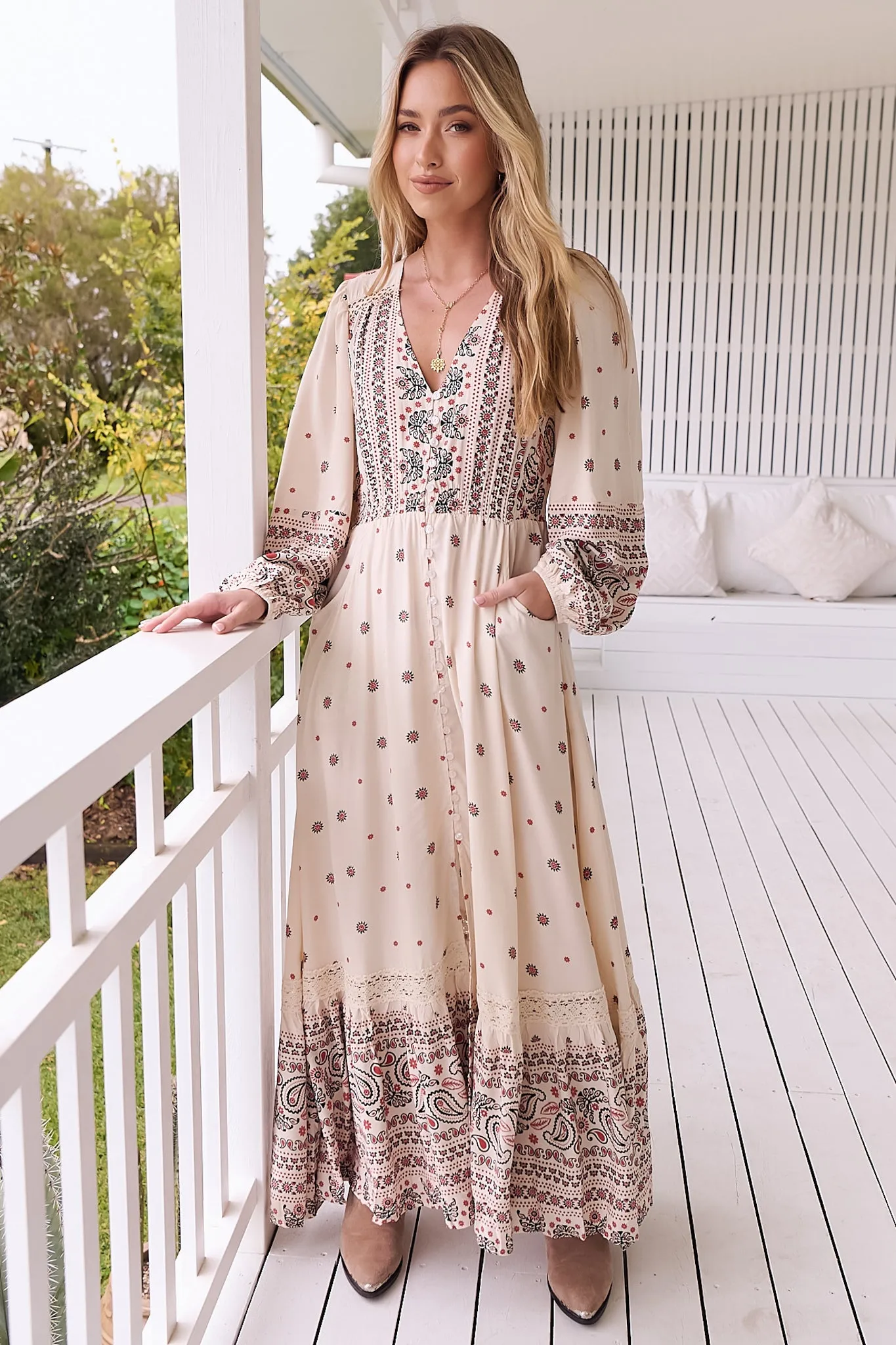 JAASE - Carmen Maxi Dress: Long Sleeve Button Down A Line Dress with Lace Trim in Dixie Print sold by Salty Crush product image thumbnail 4