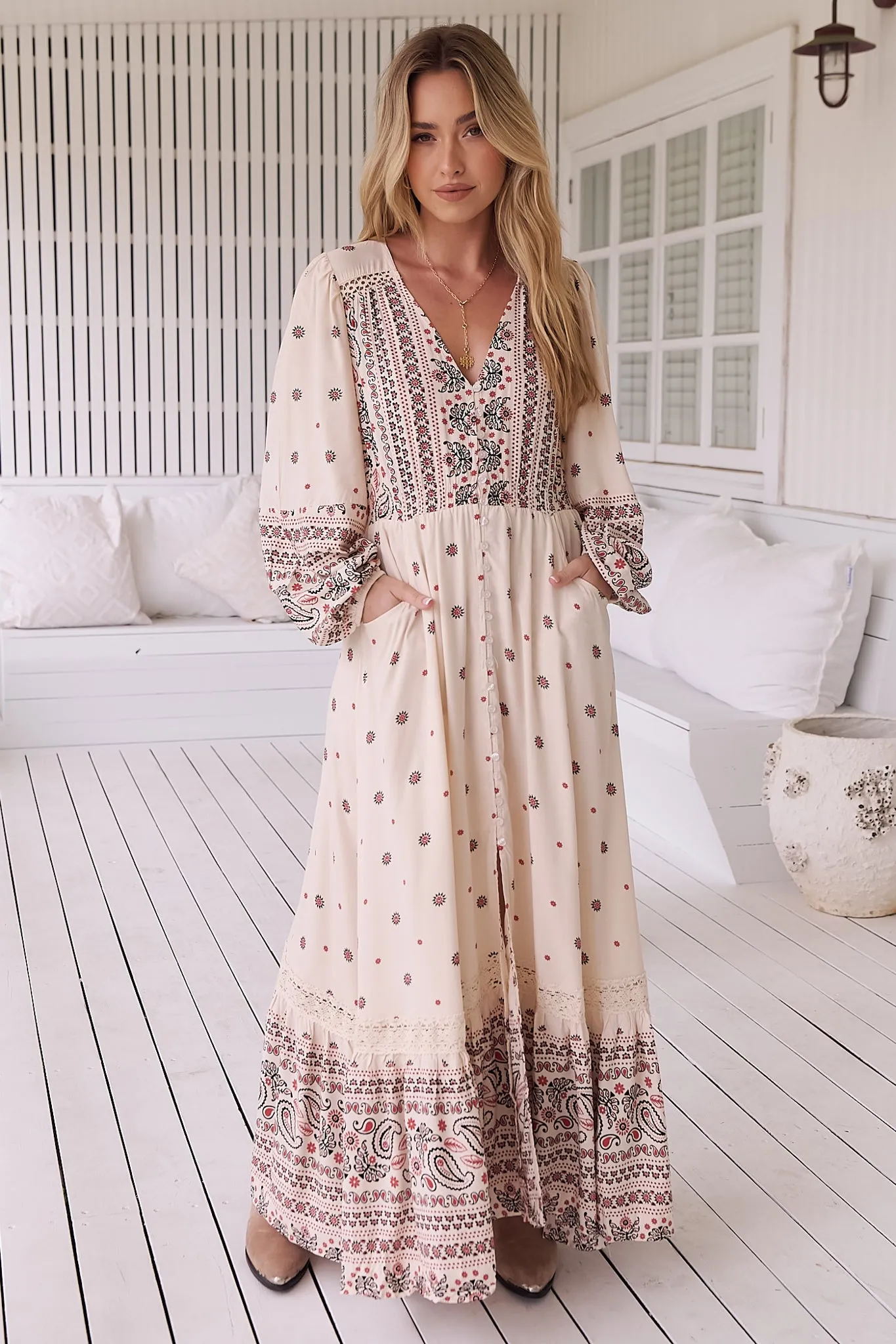 JAASE - Carmen Maxi Dress: Long Sleeve Button Down A Line Dress with Lace Trim in Dixie Print sold by Salty Crush