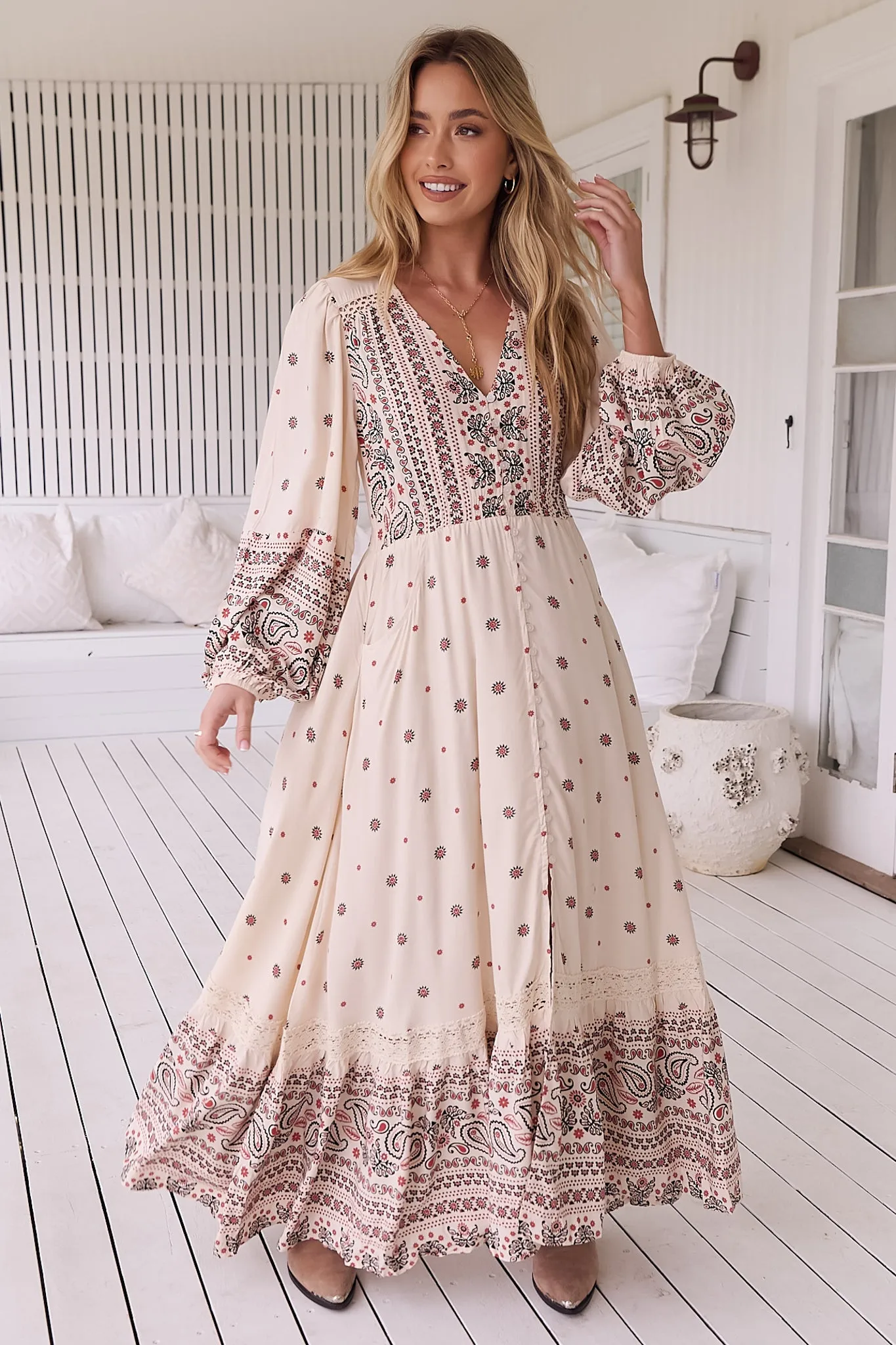 JAASE - Carmen Maxi Dress: Long Sleeve Button Down A Line Dress with Lace Trim in Dixie Print sold by Salty Crush product image thumbnail 5