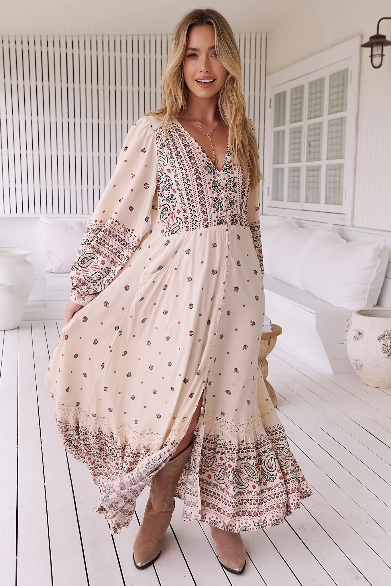 JAASE - Carmen Maxi Dress: Long Sleeve Button Down A Line Dress with Lace Trim in Dixie Print sold by Salty Crush product image thumbnail 3