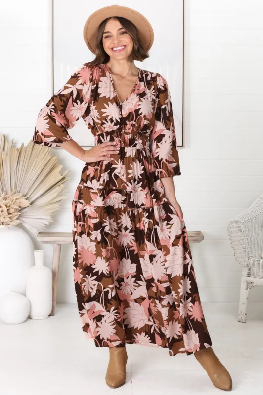 Elza Maxi Dress - A line dress with Bell Sleeves in our Ruth Print sold by Salty Crush