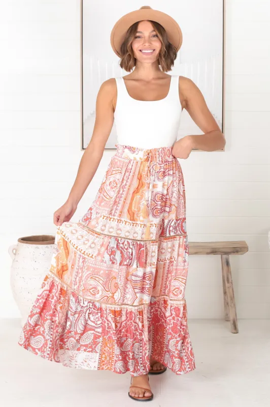 Lemzie Maxi Skirt - Tiered Crochet Insert Skirt in Coral sold by Salty Crush