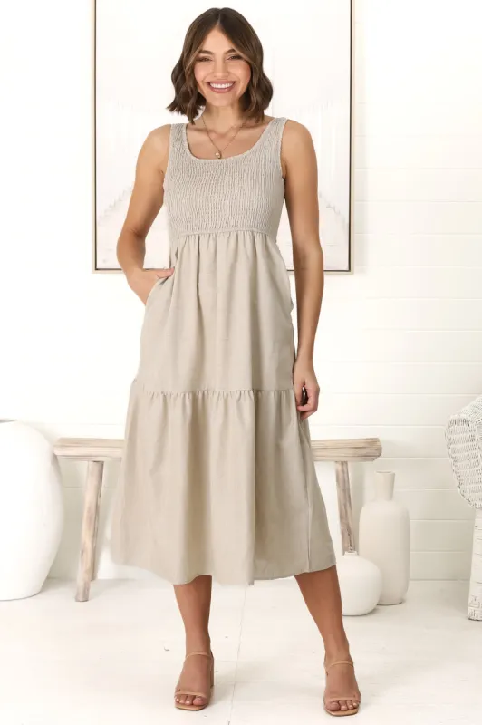 Sarlie Midi Dress - Shirred Bodice Cotton/Linen Blend Tiered Dress in Oat sold by Salty Crush
