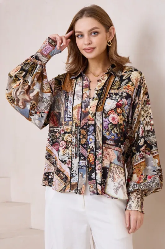 Aralyn Blouse - Balloon Sleeve Button Down Shirt in Elaine Print sold by Salty Crush