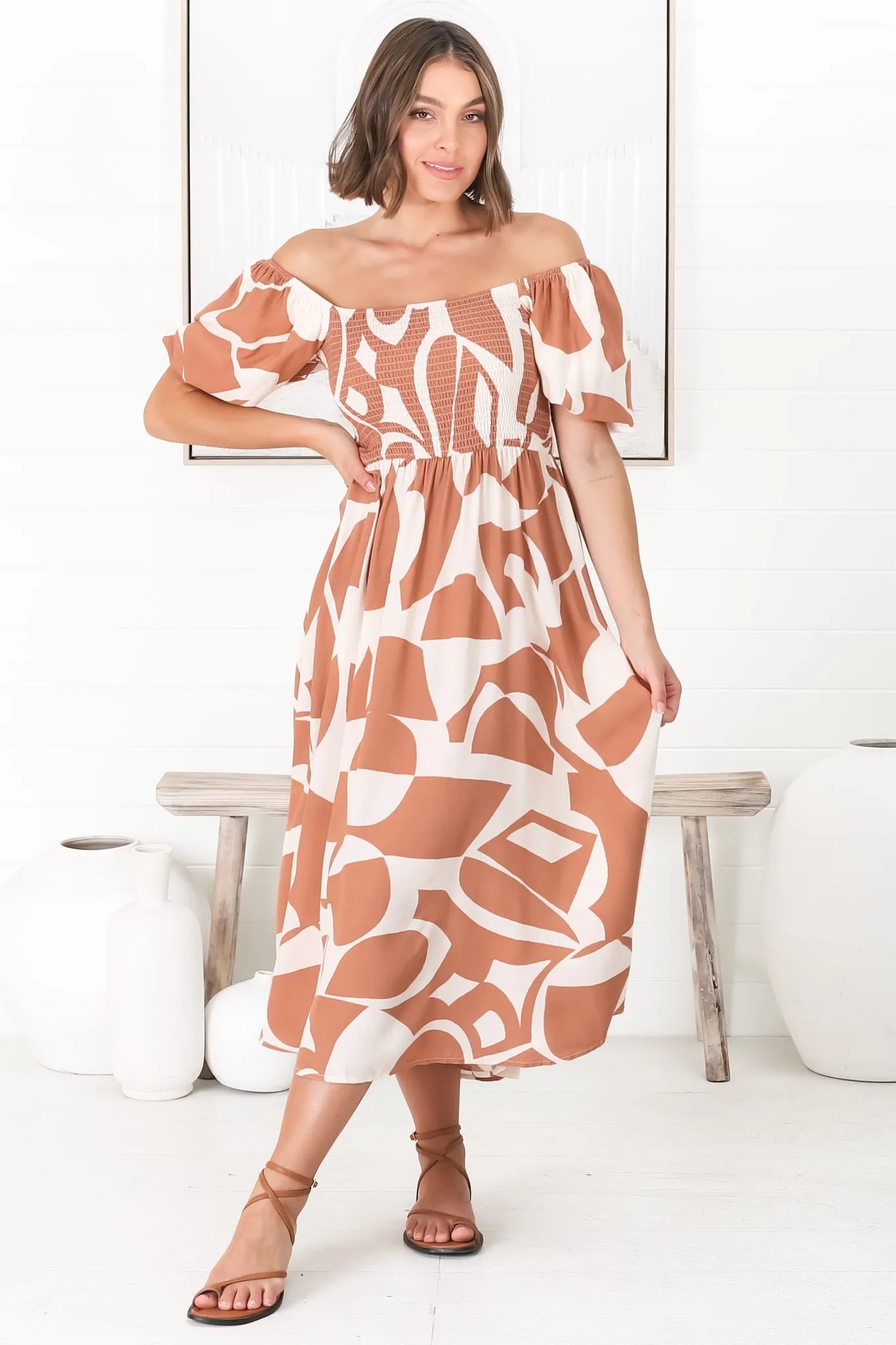 Azira Midi Dress - On Or Off Shoulder Elasticated Bodice Dress With Short Balloon Sleeves In Rust sold by Salty Crush product image thumbnail 4