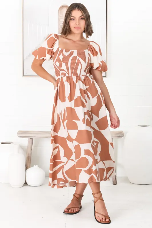 Azira Midi Dress - On Or Off Shoulder Elasticated Bodice Dress With Short Balloon Sleeves In Rust sold by Salty Crush