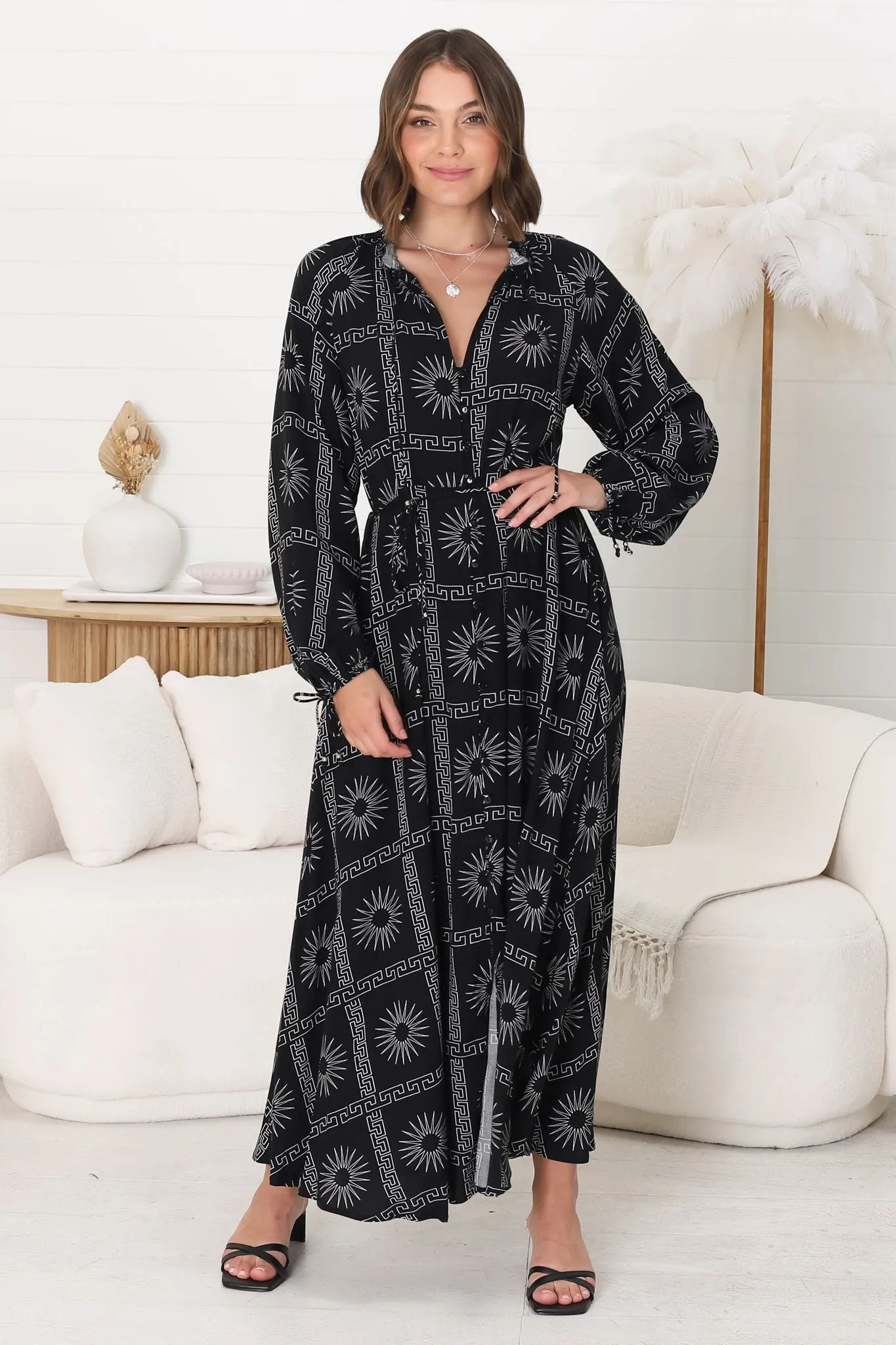 Amelie Maxi Dress - Frill Collar Button Through Dress with Waist Tie in Astra Print Black sold by Salty Crush product image thumbnail 4