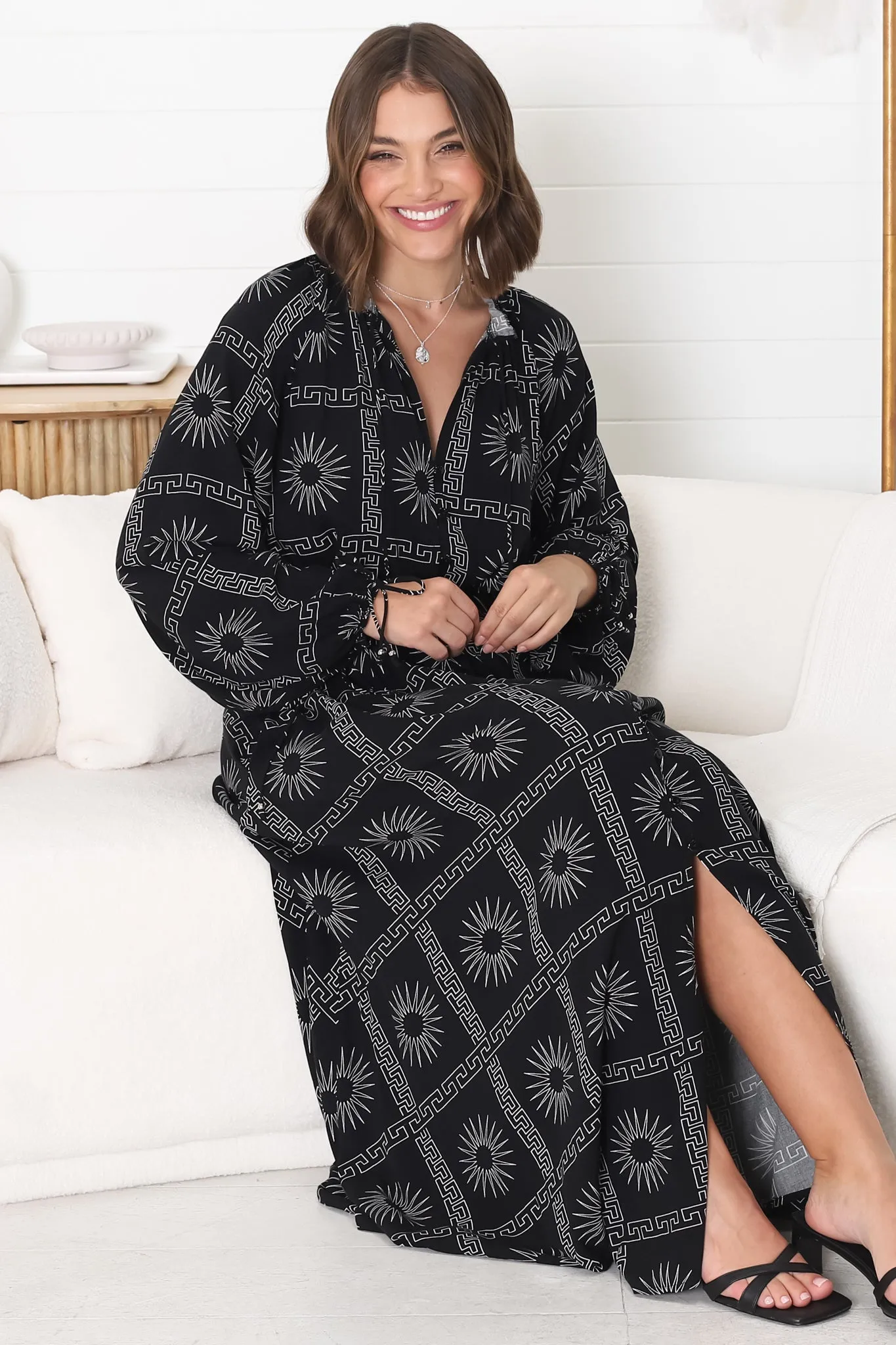 Amelie Maxi Dress - Frill Collar Button Through Dress with Waist Tie in Astra Print Black sold by Salty Crush product image thumbnail 2