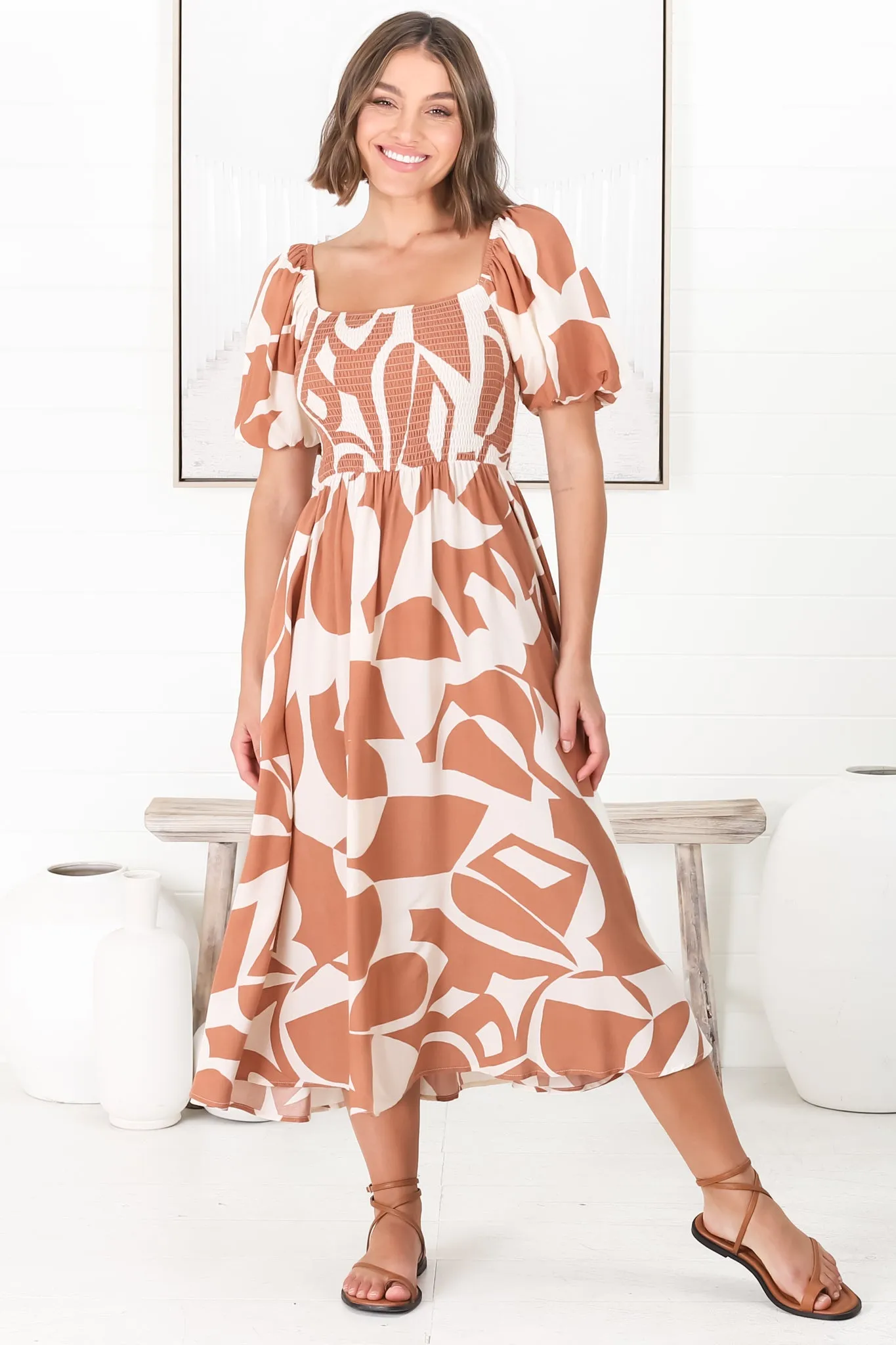 Azira Midi Dress - On Or Off Shoulder Elasticated Bodice Dress With Short Balloon Sleeves In Rust sold by Salty Crush product image thumbnail 2