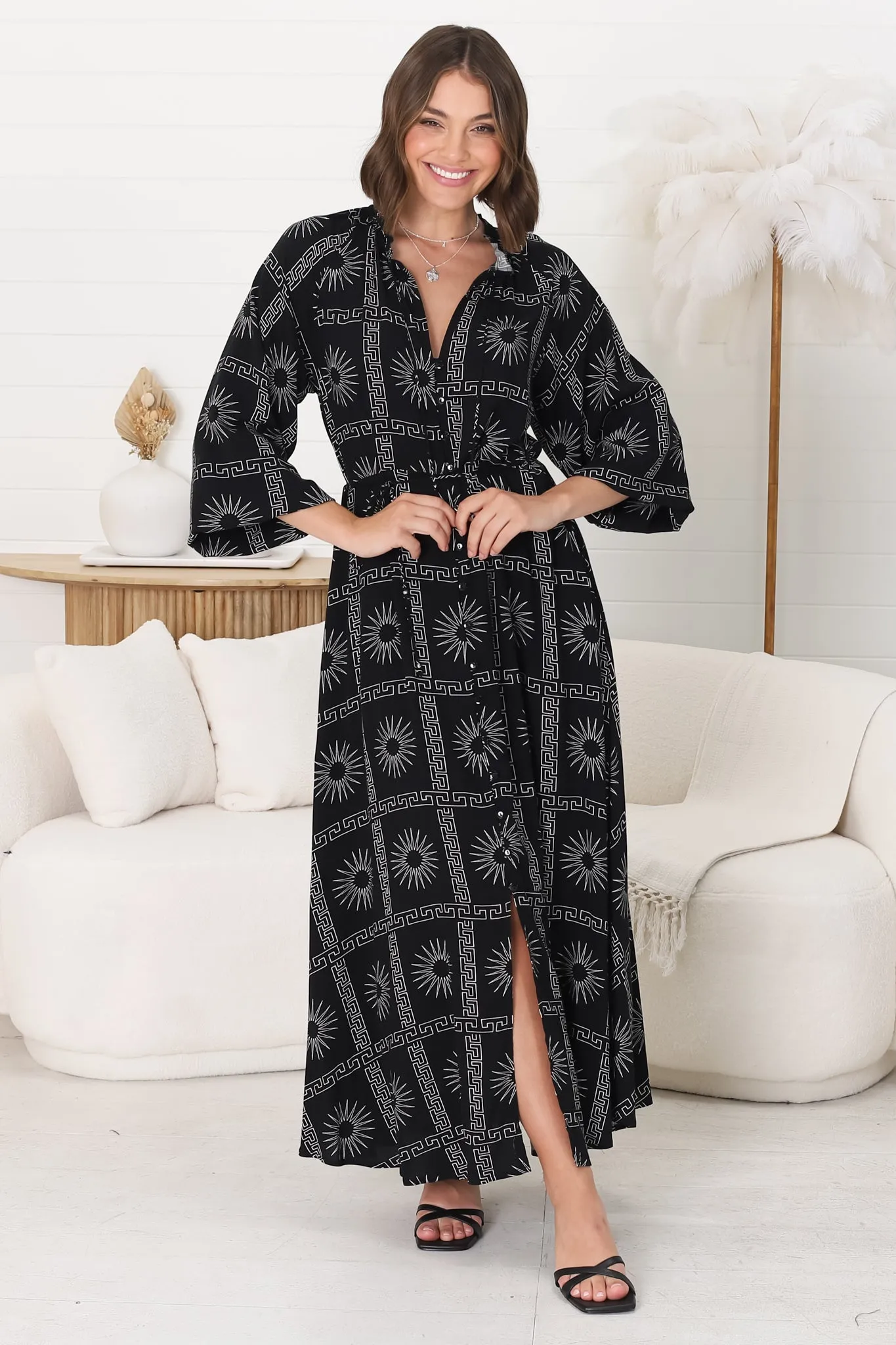 Amelie Maxi Dress - Frill Collar Button Through Dress with Waist Tie in Astra Print Black sold by Salty Crush product image thumbnail 5