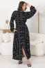 Amelie Maxi Dress - Frill Collar Button Through Dress with Waist Tie in Astra Print Black sold by Salty Crush